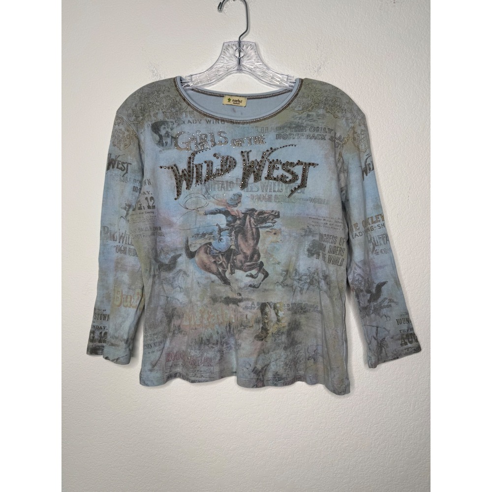 Cactus Girls of the Wild West Cowgirl Graphic Studded Top Blue Size M Y2K